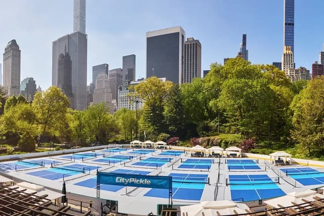 an aerial view of a pickleball court with the new york city skyline behind it